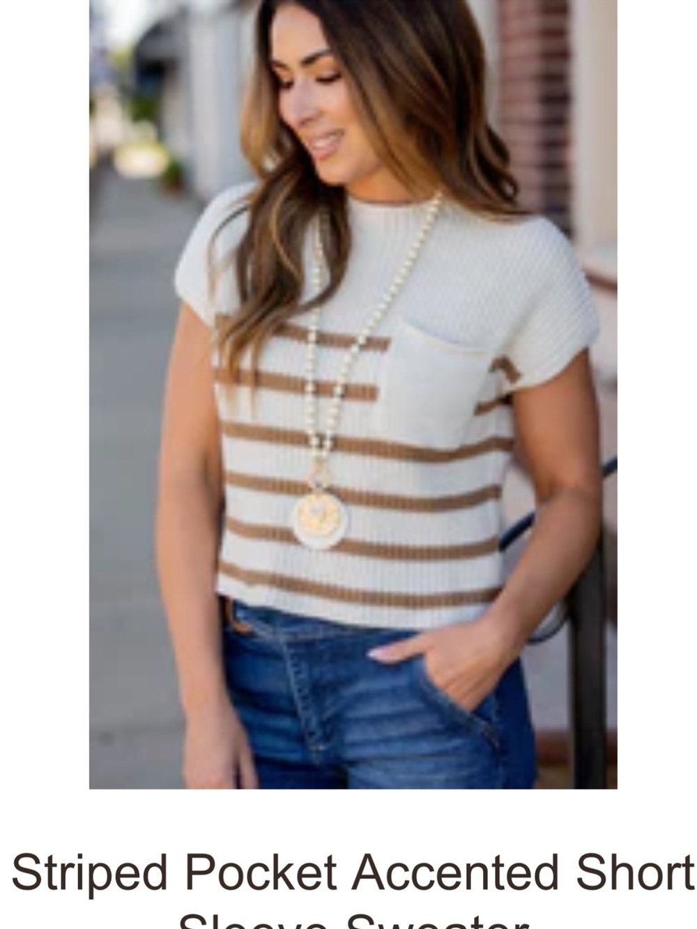 Cream & Tan Striped Short Sleeve Pocket Sweater